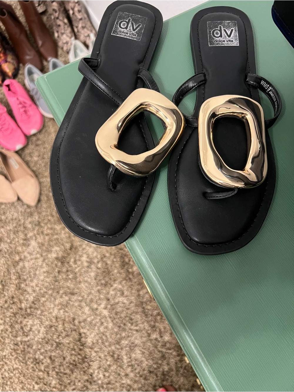 DV by Dolce Vita Black Thong Sandals with Gold Sculptural Accent